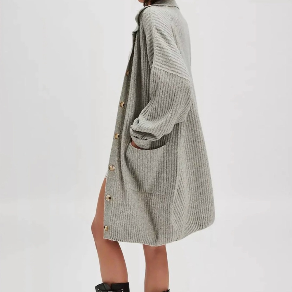 Free People Sandstorm Heather Grey Soft Button Emmy Long Cardigan Sweater - Picture 3 of 16
